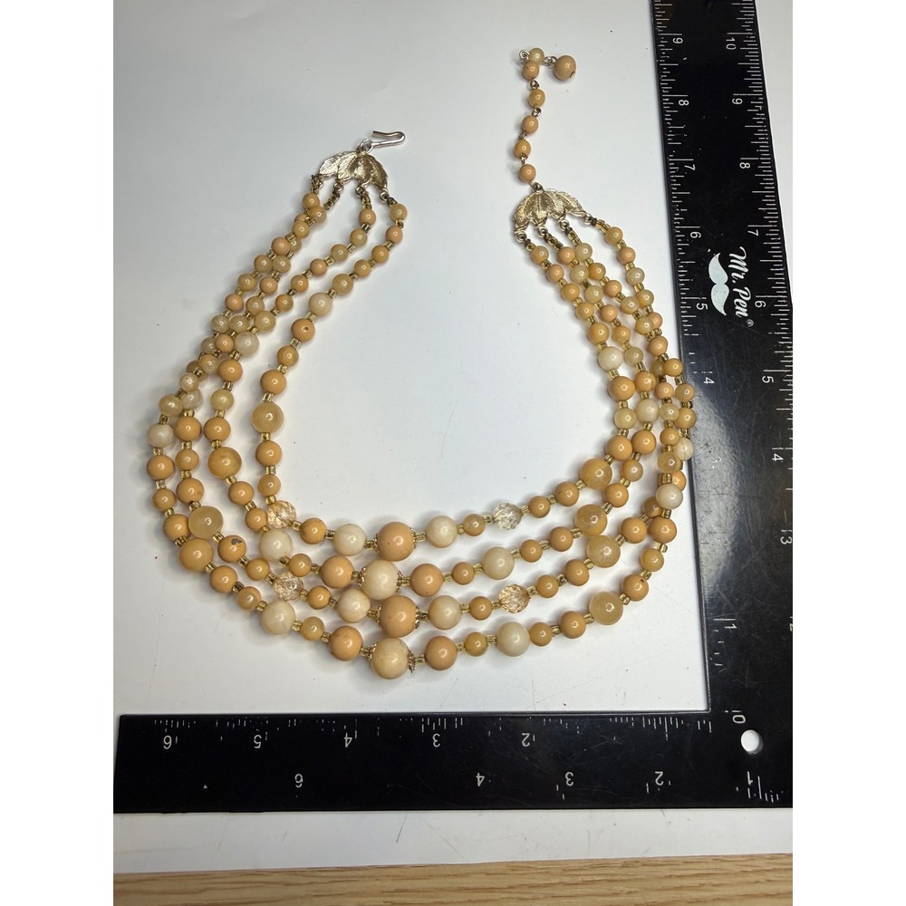 Vintage Japan 4 Strand Graduated Bead Necklace Cream Tan Butterscotch Gold Tone